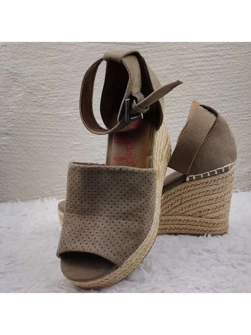 Jellypop Taupe Faux Suede Ankle Buckle Strap Wedge Heeled Espadrille Sandal Shoe